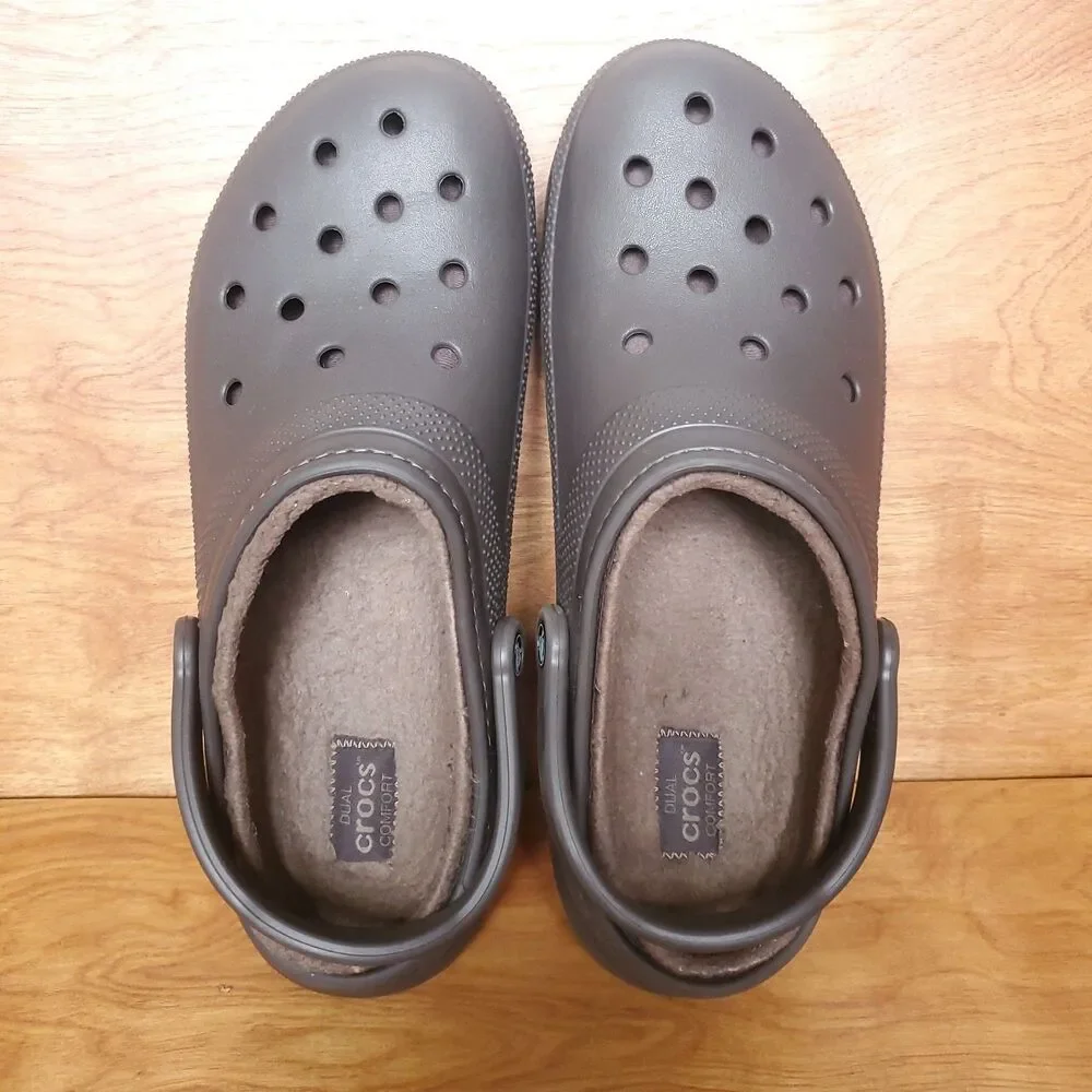 Crocs Classic Lined Clogs Mens 12 Brown Sandals Faux Fur Comfort Slip On Shoes